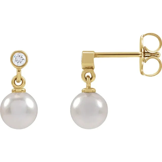 Cultured White Akoya Pearl & Natural Diamond Earrings