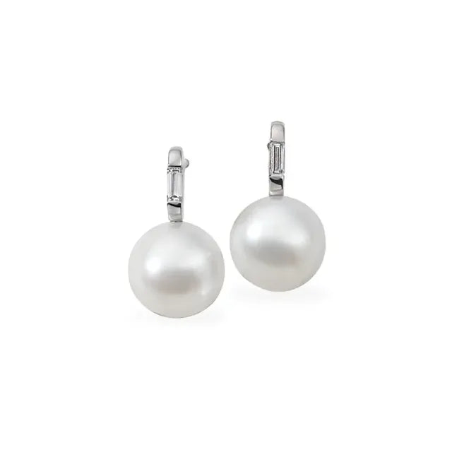 South Sea Pearls Earrings with Natural Diamond Straight Baguettes